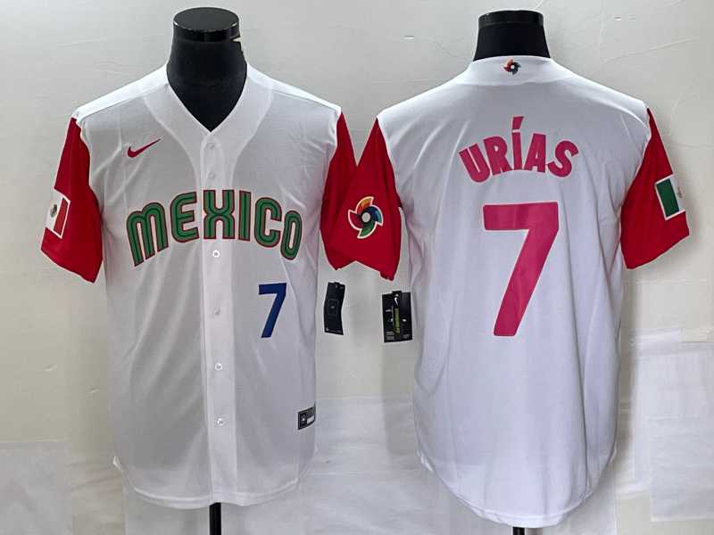 Men's Mexico Baseball #7 Julio Urias Number 2023 White Red World Classic Stitched Jersey 28